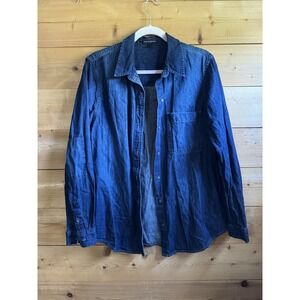 Banana Republic Dark Waah Denim Button Up Shirt Size L With Pocket Elbow Patches